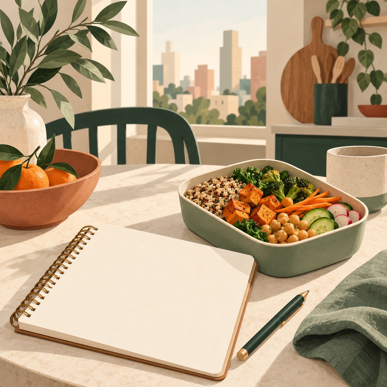 Editorial illustration of a meal container and planning notebook in a city kitchen
