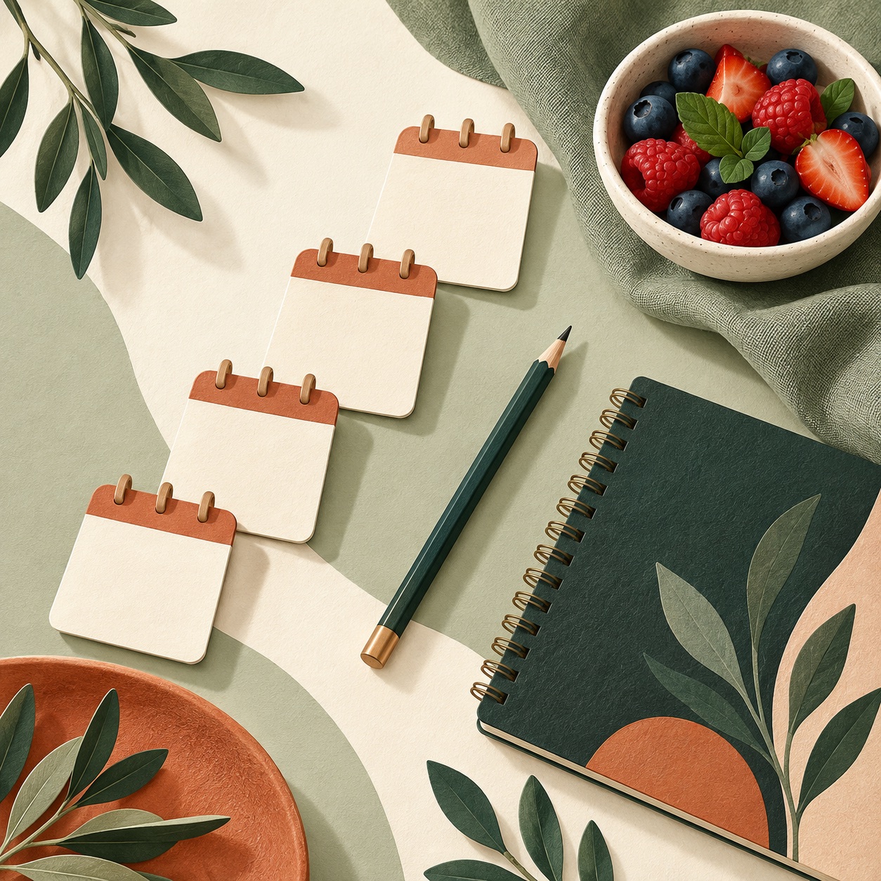 Editorial illustration of four weekly planning sheets and a food journal