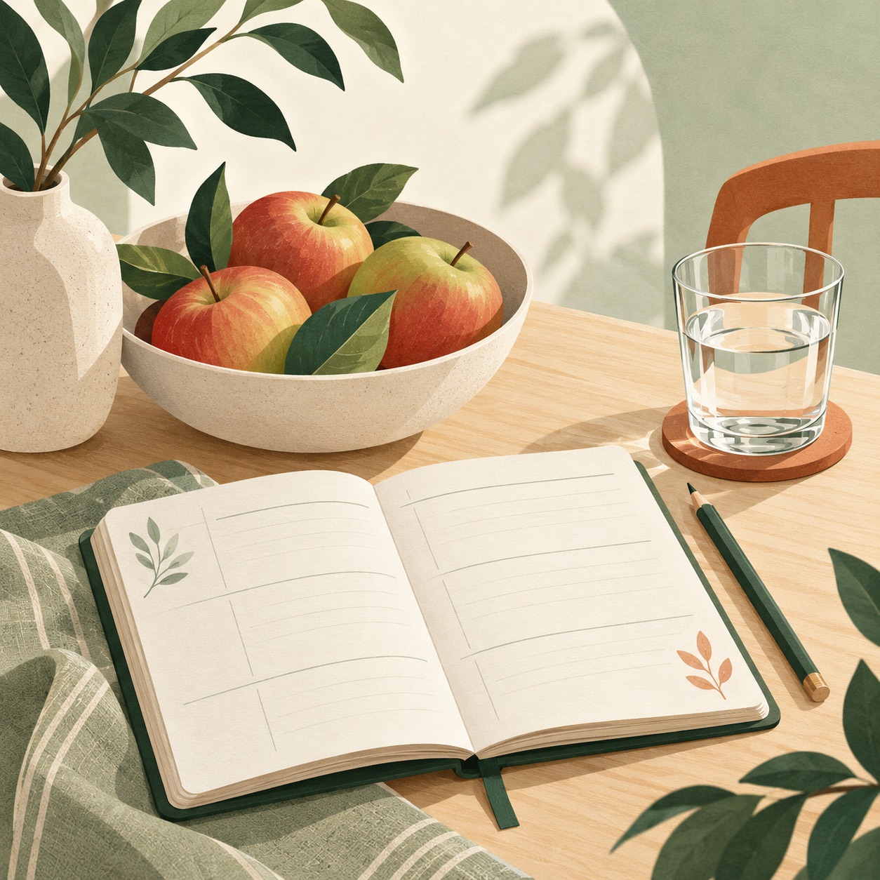 Editorial illustration of a food journal, apples, and water