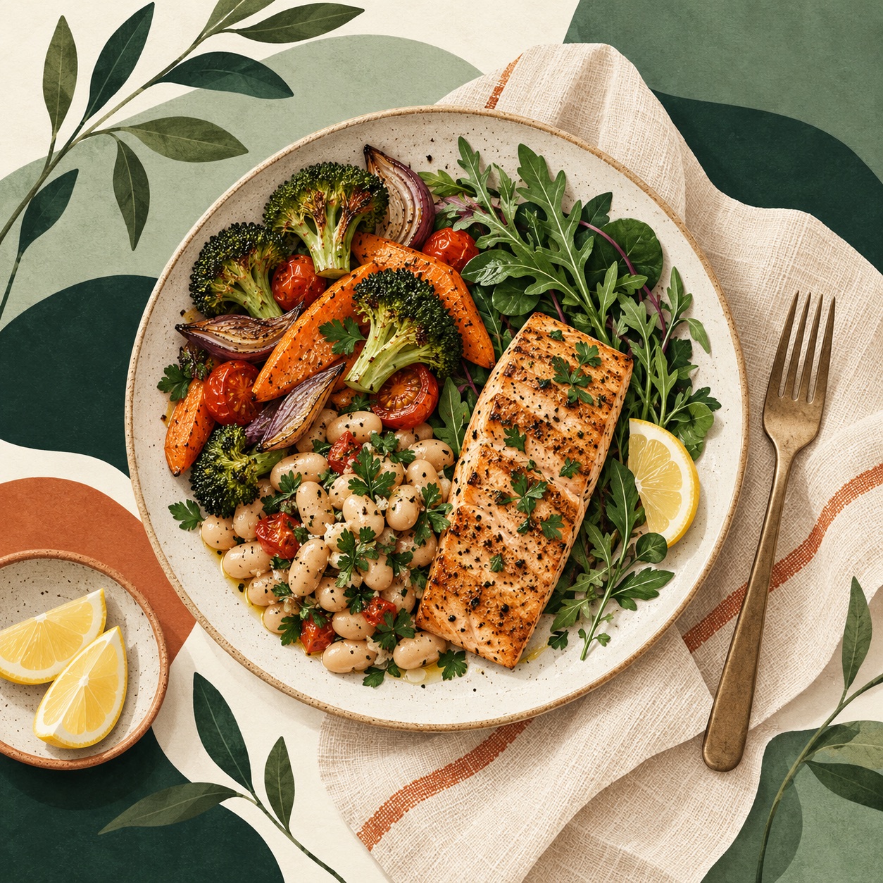 Editorial illustration of a whole-food meal with vegetables and fish