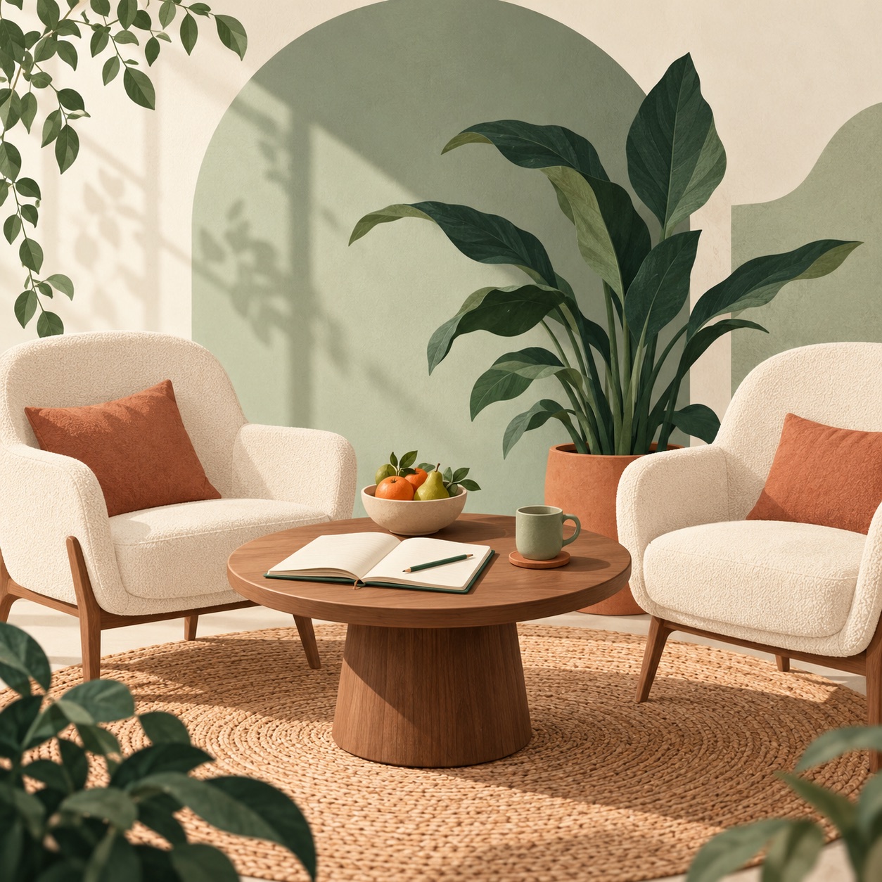 Conceptual editorial illustration of a coaching conversation space; not a clinic photograph