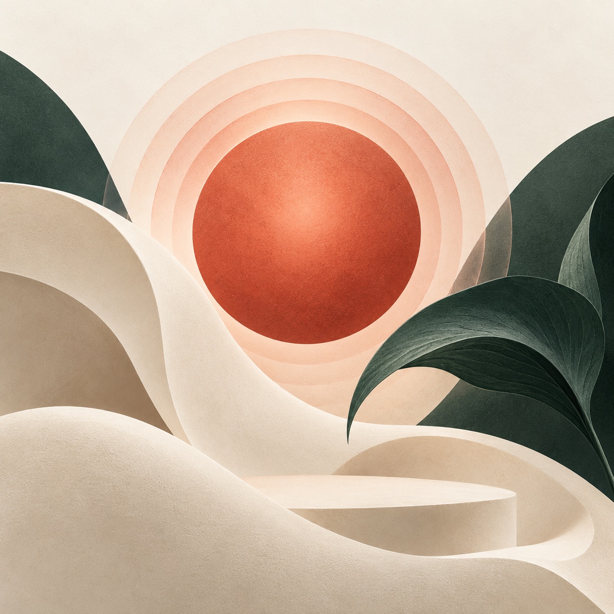 Abstract editorial illustration of warm red light and curved forms